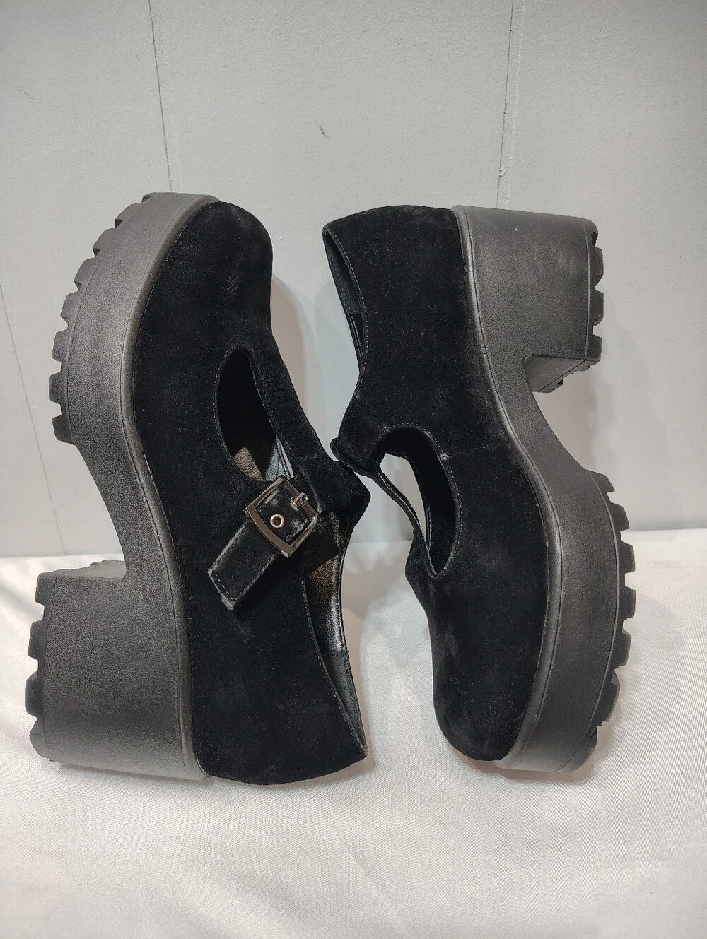 Koi Black Platform Chunky Faux Suede Sai Mary Janes Size UK 8/ US 10